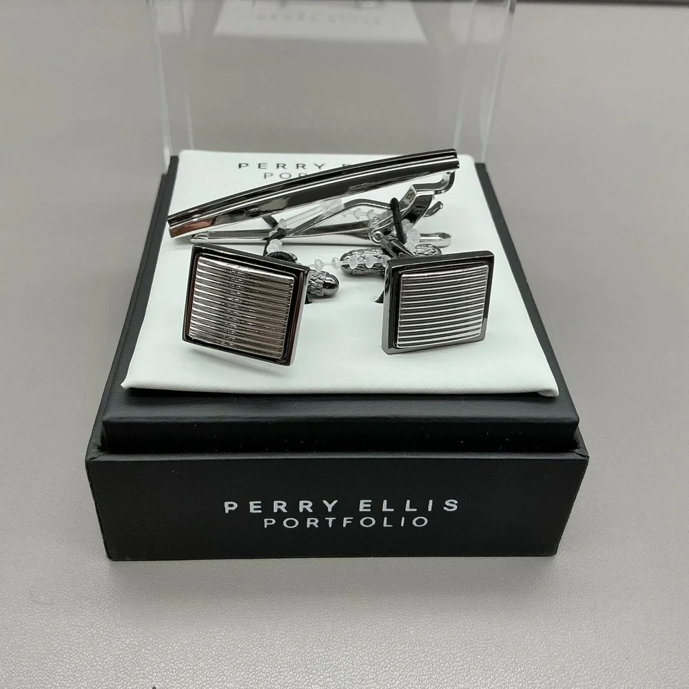 Perry Ellis Cufflinks Tie Bar Set Silver Tone Striped Formal Gift Box